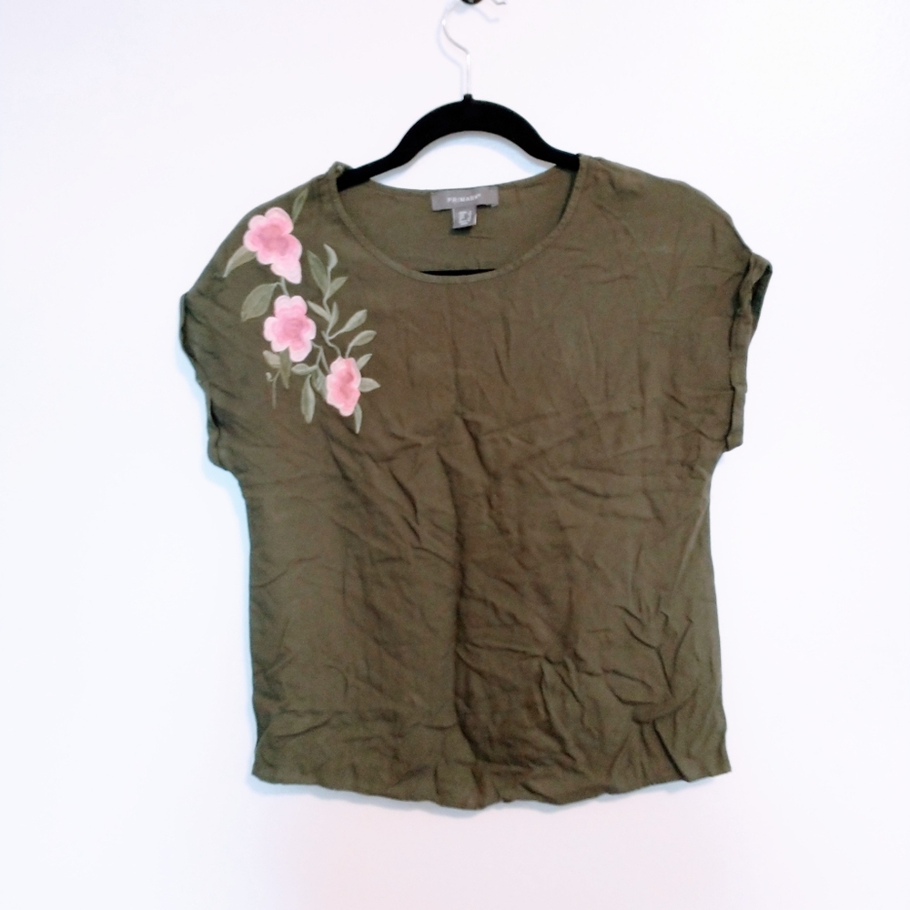 Primark Olive green top with floral embroidery on the shoulder. Size 2